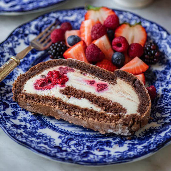 Tronco de chocolate y frambuesas